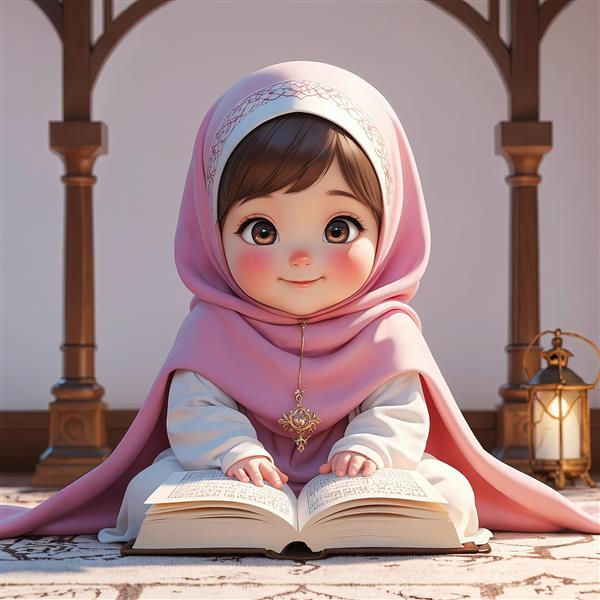 عکس دختر محجبه با قرآن و فانوس طلایی در پس‌زمینه سنتی ایده برای دکور ماه رمضان و شب قدر