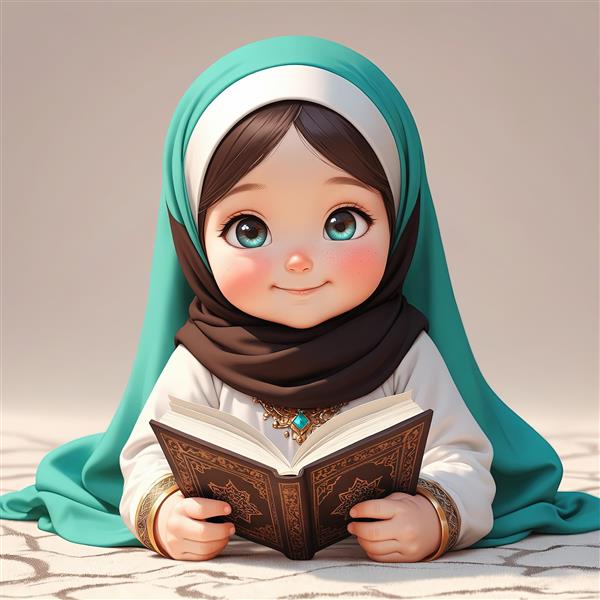 تصویر دختر محجبه با روسری فیروزه‌ای و روبند قهوه‌ای در حال مطالعه قرآن دکوراسیون اسلامی
