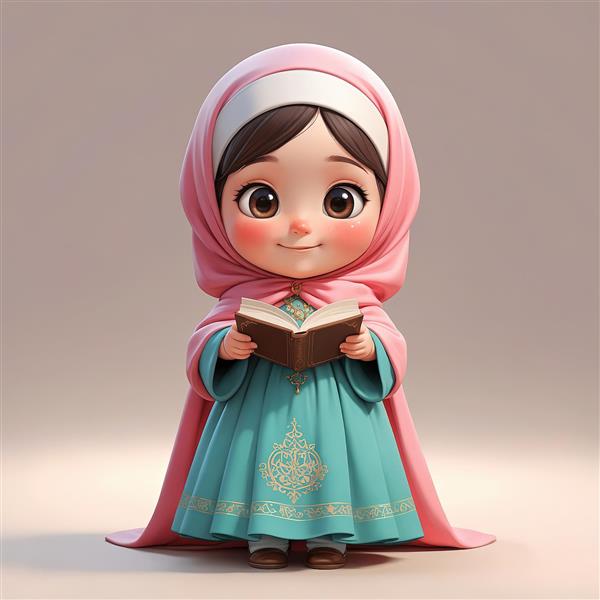 عکس باکیفیت دختر محجبه با لباس فیروزه‌ای و شال صورتی مناسب چاپ عریض و تابلو کودک