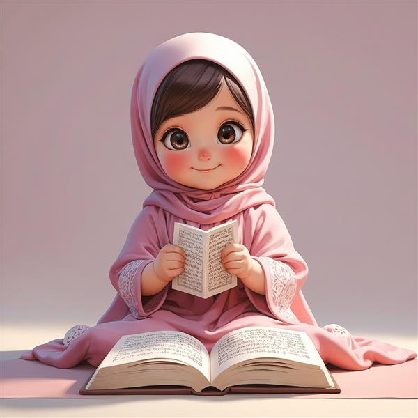تصویر فانتزی دختر باحجاب در حال خواندن قرآن با کتاب بزرگ دکوراسیون با تم عبادت