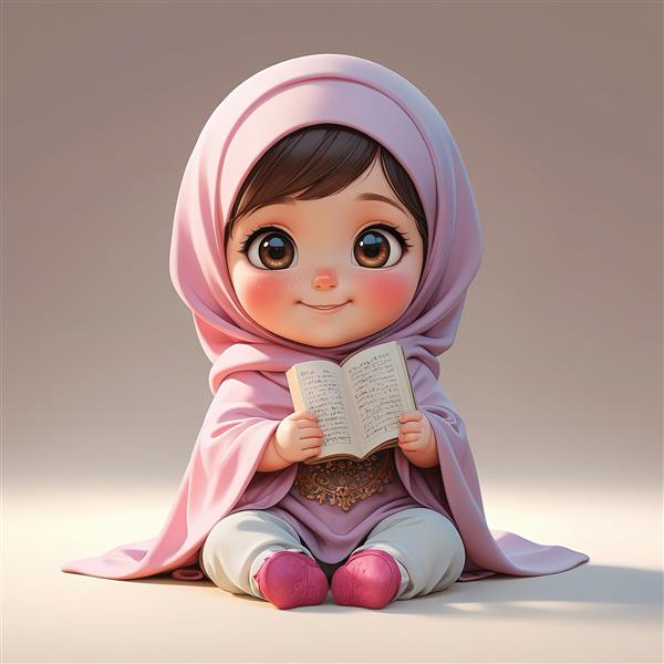 عکس عروسکی دختر باحجاب صورتی و کتاب کوچک ایده برای پوستر مینیمال و کارت جشن تکلیف