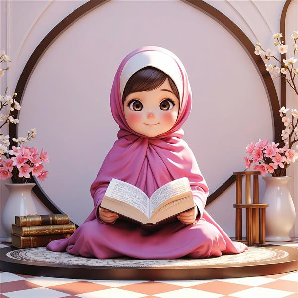 تصویر کارتونی دختر محجبه با قرآن در محیط دکوراتیو گلدار مناسب تابلو مذهبی و دکور اتاق