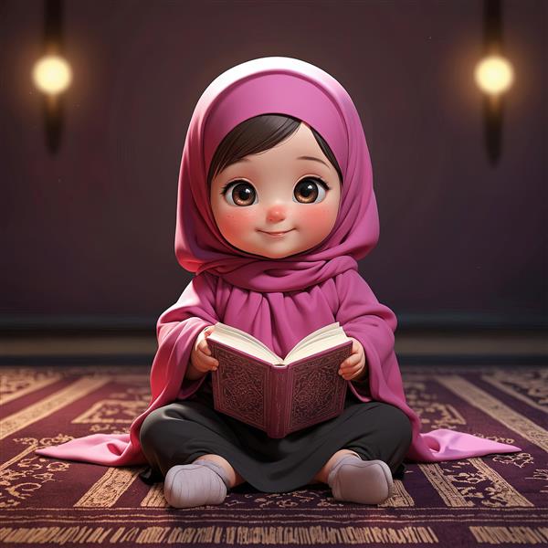 عکس دختر محجبه در حال خواندن قرآن در نور کم و زمینه تیره تم مذهبی، عبادت و شب قدر