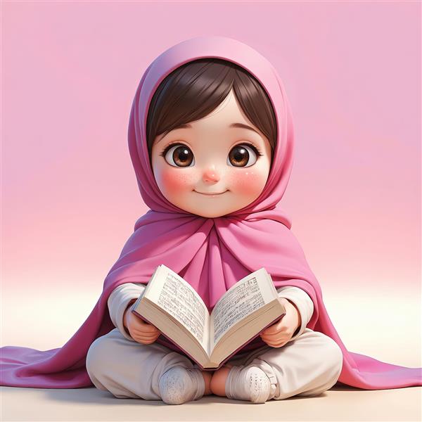 تصویر عروسکی دختر محجبه با شال صورتی و زمینه گرادیان طراحی مینیمال برای تابلو