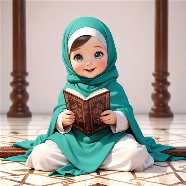 تصویر فانتزی دختر محجبه با حجاب سبز در فضای سنتی ایده برای پوستر مذهبی با تم معماری