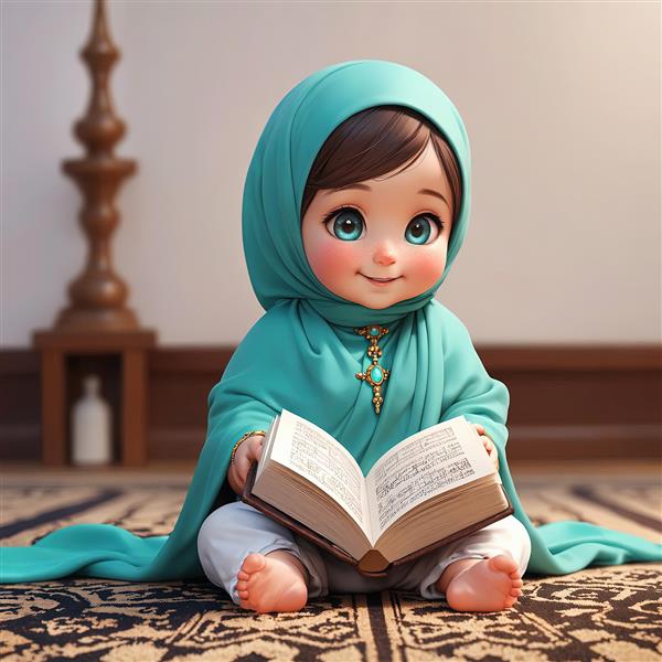 عکس دختر محجبه با روسری فیروزه‌ای در حال مطالعه قرآن روی قالیچه دکوراسیون اسلامی