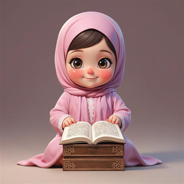 تصویر فانتزی دختر محجبه با قرآن روی رحل چوبی پوستر دکوراتیو با تم عبادت و ماه رمضان