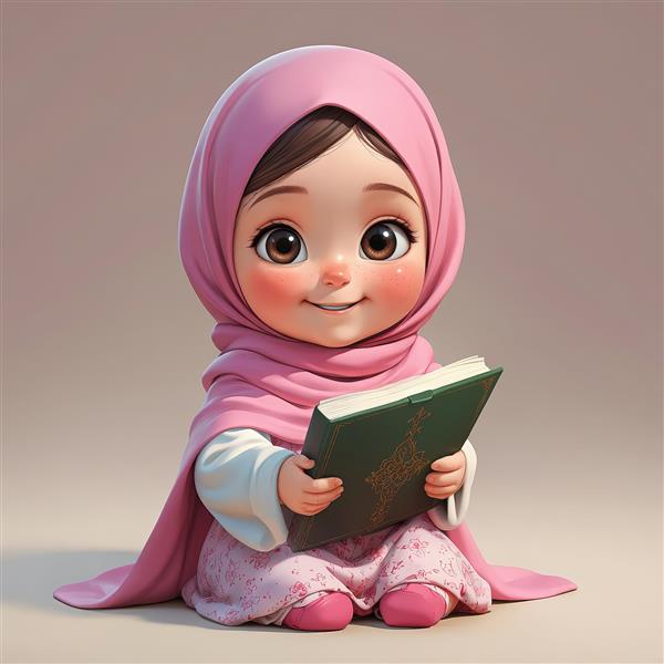 عکس دختر عروسکی با حجاب صورتی و کتاب سبز ایده برای تابلو اتاق کودک و دکور مذهبی