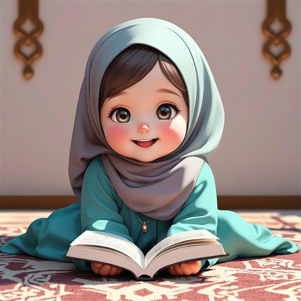 عکس دختر کوچک محجبه با روسری آبی و لبخند در حال مطالعه قرآن دکوراسیون آرامش‌بخش