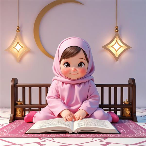 تصویر کودک محجبه در حال خواندن قرآن زیر هلال ماه و آویزهای نورانی مناسب ماه رمضان