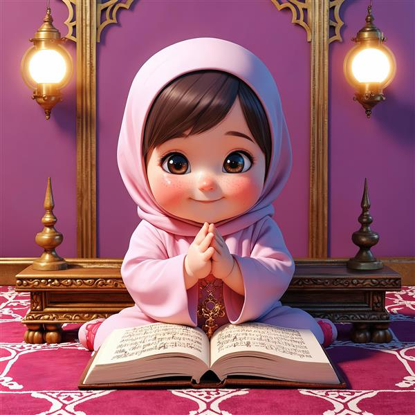 عکس فانتزی دختر محجبه با دست‌های به دعا و قرآن دکوراسیون اسلامی و مذهبی، جشن تکلیف