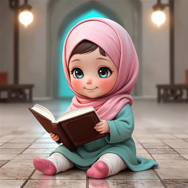 تصویر دختر محجبه کارتونی با چشمان آبی در فضای مسجد (نور نئونی) پوستر دکوراتیو