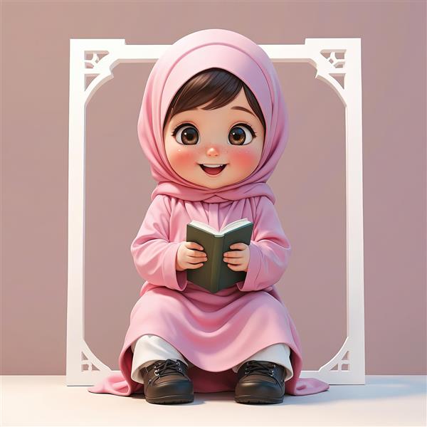 تصویر دختر محجبه کارتونی در چارچوب سفید با کتاب در دست طراحی مدرن و مینیمال برای تابلو