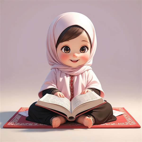 عکس استوک دختر کوچک محجبه بر روی سجاده با قرآن مناسب طراحی کارت جشن عبادت