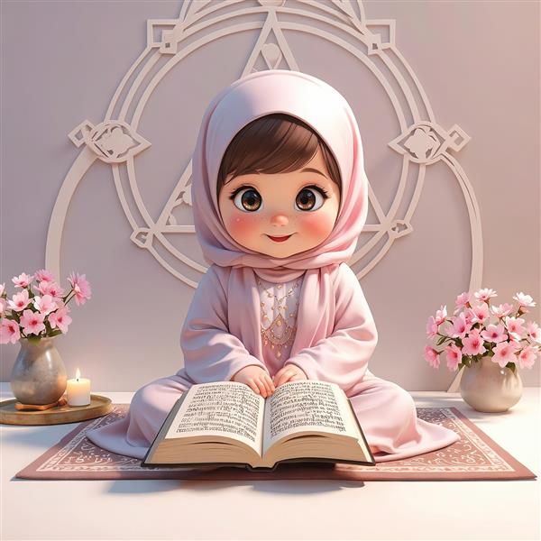 تصویر فانتزی دختر باحجاب با لباس صورتی در حال خواندن قرآن دکوراسیون منزل، پوستر مذهبی