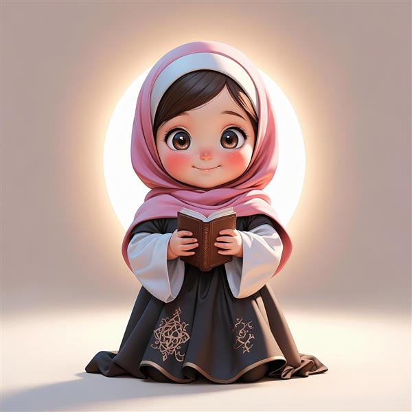 تصویر کارتونی دختر محجبه با قرآن در نور زمینه ایده برای پوستر مذهبی و جشن تکلیف