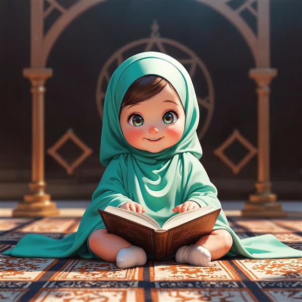 عکس فانتزی نوزاد باحجاب در حال خواندن قرآن در مسجد جشن تکلیف