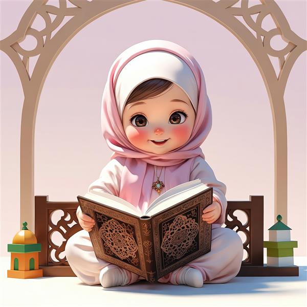 پوستر سه بعدی دختر مسلمان در حال تلاوت قرآن با پنجره اسلیمی جشن تکلیف