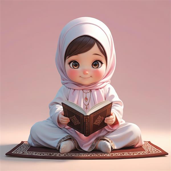 عکس کودک با حجاب در حال خواندن قرآن روی سجاده جشن تکلیف