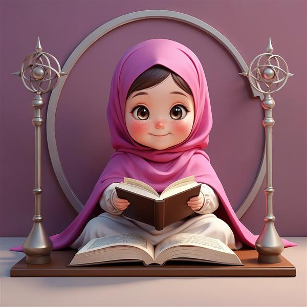 عکس فانتزی دختر با حجاب و کتاب با پس زمینه بنفش