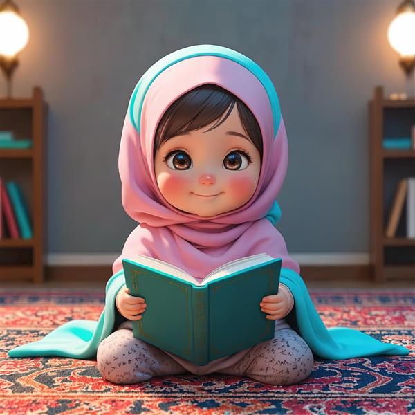 عکس باکیفیت کودک با حجاب روی فرش ایرانی