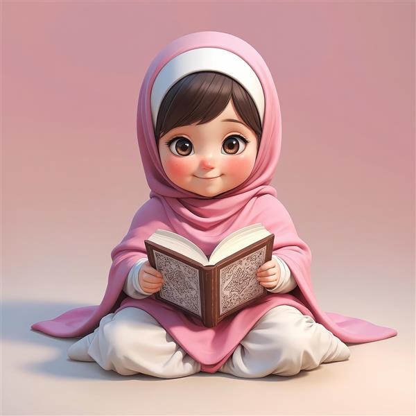 تصویرسازی سه بعدی دختر بچه با حجاب صورتی و کتاب