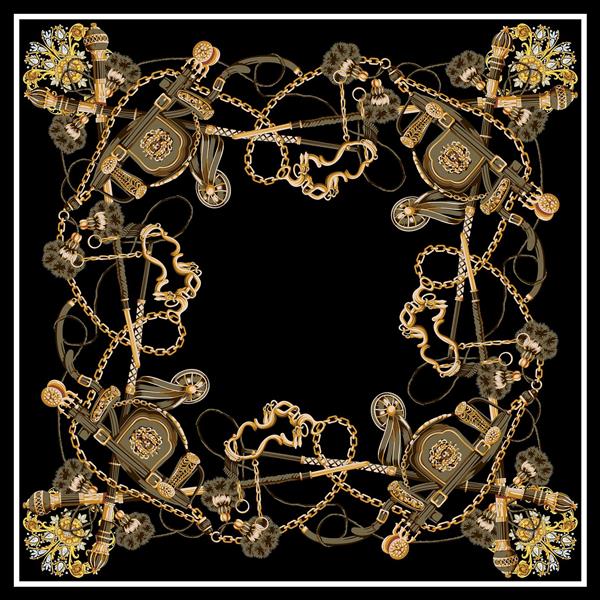 طرح روسری قاب‌دار با سگک‌ها، زنجیر و آویزهای طلایی روی زمینه مشکی لوکس