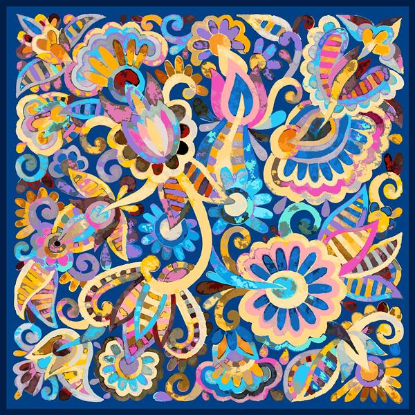 طرح روسری شلوغ گل و بته‌جقه‌های انتزاعی با سبک نقاشی پالت و رنگ‌های شاد آبی و فیروزه‌ای