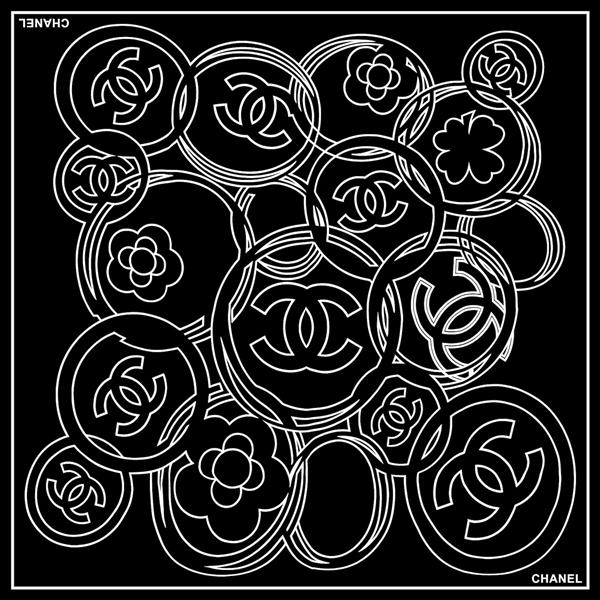 طرح روسری لوگوی Chanel (کاملیا و CC) تو در تو به سبک پاپ آرت روی زمینه مشکی