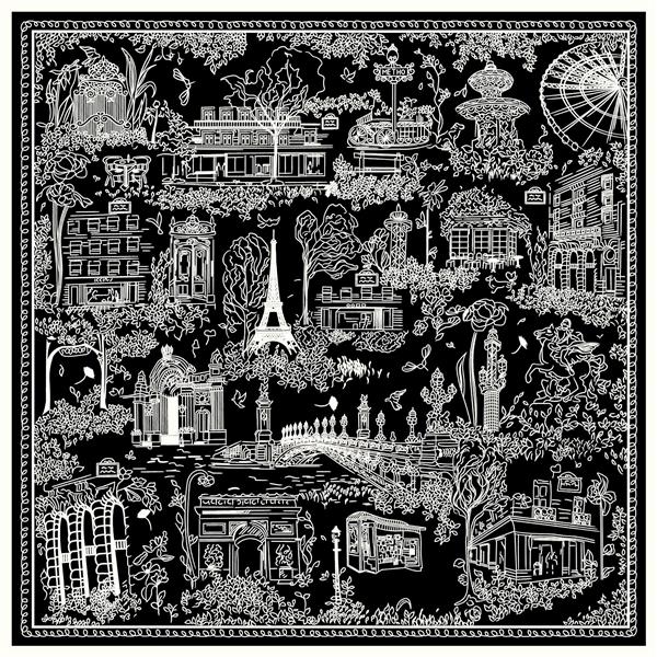 طرح نقاشی خطی (Toile) پاریس و برج ایفل با رنگ سفید روی زمینه مشکی کلاسیک