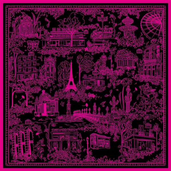 طرح نقاشی خطی (Toile) پاریس و برج ایفل با رنگ صورتی نئونی روی زمینه مشکی