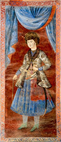 نقاشی باکیفیت جوان اشرافی صفوی در لباس فاخر درباری چهلستون (پرتره تاریخی، طرح پارچه، کیفیت چاپ عریض)