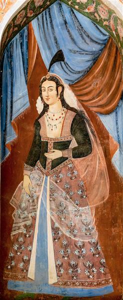 پرتره زن درباری صفوی با شال و جواهرات در دیوارنگاره چهلستون (لباس فاخر، هنر صفوی، تصویر اورجینال دکوراتیو)