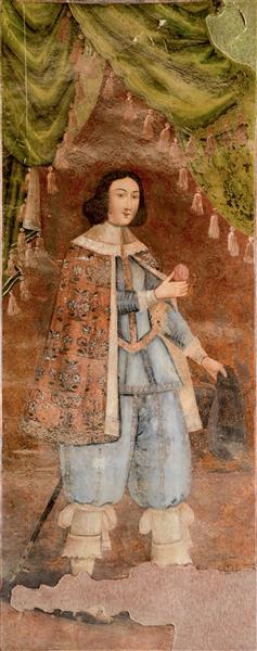 نقاشی مرد اروپایی یا دیپلمات در طاقچه کاخ چهلستون (پرتره صفوی، لباس اشرافی، کیفیت چاپ عریض)