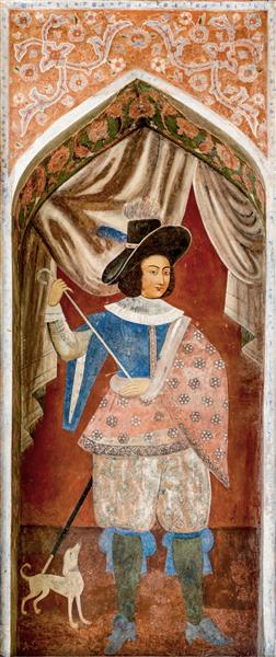 دیوارنگاره مرد فرنگی کلاه‌دار با سگ و شمشیر در کاخ چهلستون (پرتره تاریخی، لباس اروپایی، کیفیت پوستر)