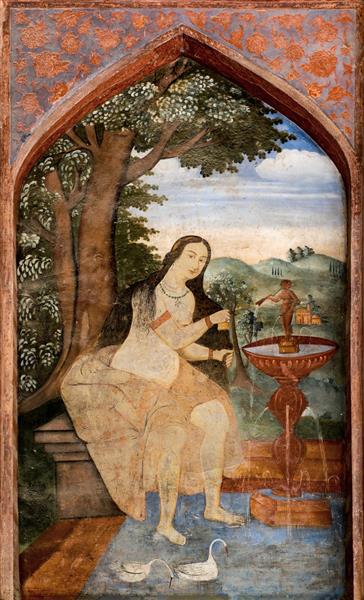 نقاشی زن کنار حوض و فواره در باغ کاخ چهلستون (صحنه باغ ایرانی، پرتره صفوی، اردک، کیفیت پوستر)