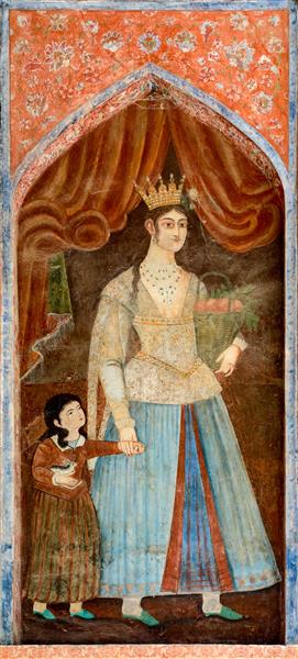 نقاشی زن تاجدار (ملکه) و کودکی در دیوارنگاره چهلستون (پرتره تاریخی، مادر و فرزند، لباس فاخر صفوی)