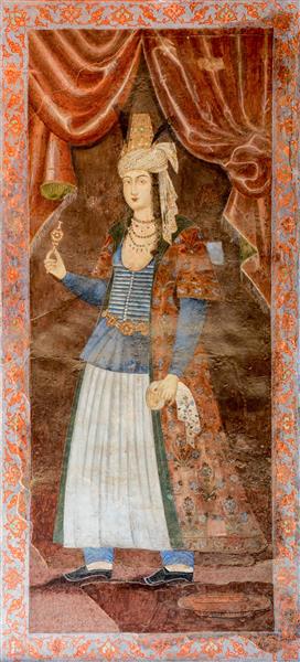 دیوارنگاره زن درباری صفوی با کلاه و جواهرات در کاخ چهلستون (مد، لباس اشراف، پرتره صفوی)