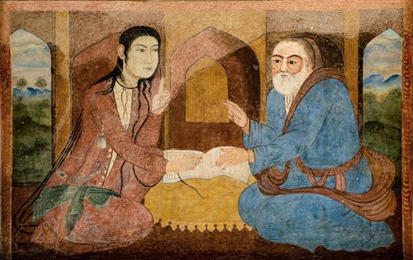 نقاشی باکیفیت ملاقات شیخ صنعان و دختر ترسا در کاخ چهلستون (هنر صفوی، داستان شیخ صنعان، چاپ پوستر)