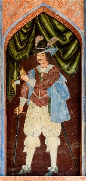 دیوارنگاره مرد اروپایی یا اشرافی قزلباش در طاقچه چهلستون (پرتره، کیفیت بالا، لباس صفوی)