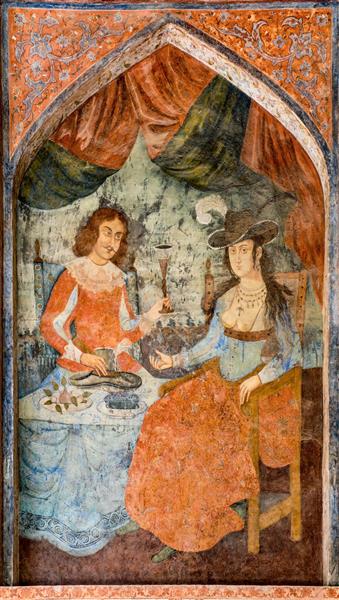 دیوارنگاره بزم و گفتگوی اشراف صفوی در کاخ چهلستون (عکس اورجینال، کیفیت بالا)