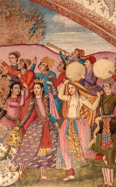 جزئیات نقاشی چهلستون اصفهان زنان و رقص موسیقی درباری