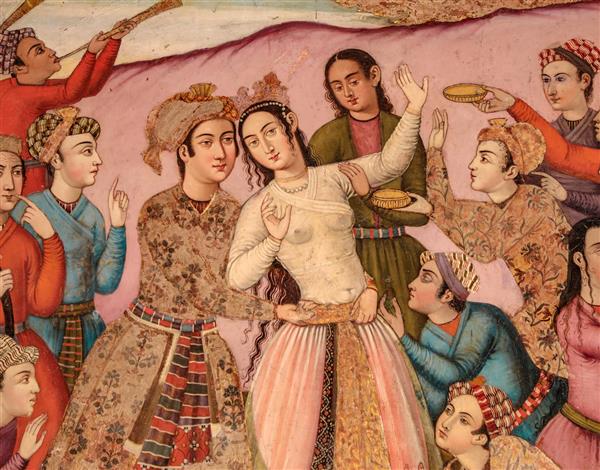 نقاشی تاریخی رقص در دربار صفوی چهلستون اصفهان کیفیت بالا