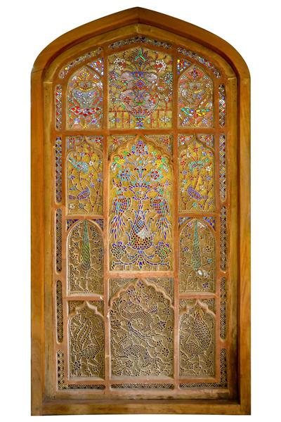 پنجره مشبک رنگی (شیشه گره) با طرح طاووس و پرندگان برای چاپ باکیفیت