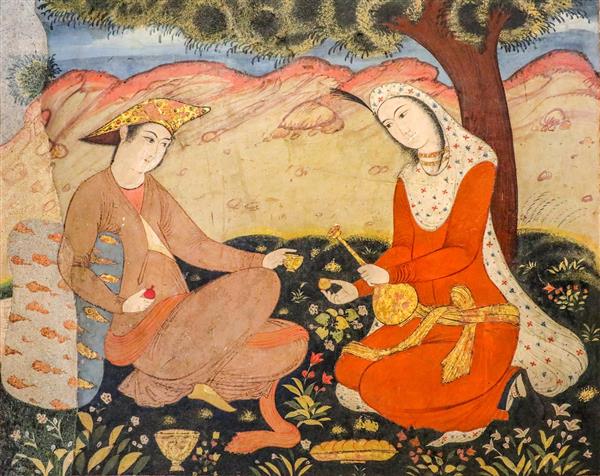 نقاشی عاشقانه زوج جوان صفوی در حال بزم و شراب‌نوشی در طبیعت