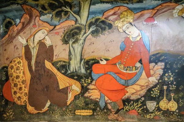 نقاشی منظره بزم و ملاقات عاشقانه در باغ (مکتب اصفهان)