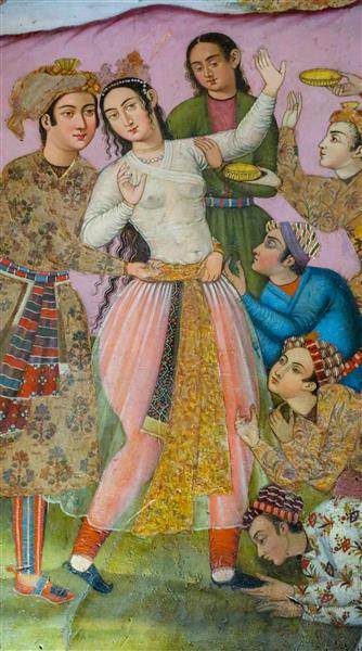 نقاشی چهارشنبه سوری و زن رقاص و درباریان با لباس‌های سنتی دوره صفویه