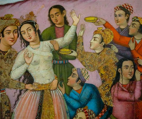 پرتره زن رقاص در میان درباریان صفوی، نقاشی دیواری چهلستون