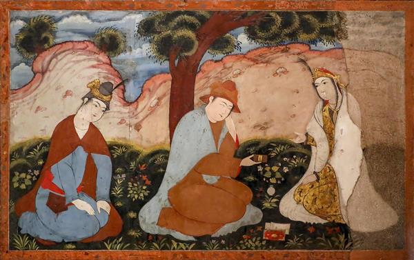 نقاشی مینیاتوری از بزم درباریان صفوی در یک فضای طبیعی و کوهستانی