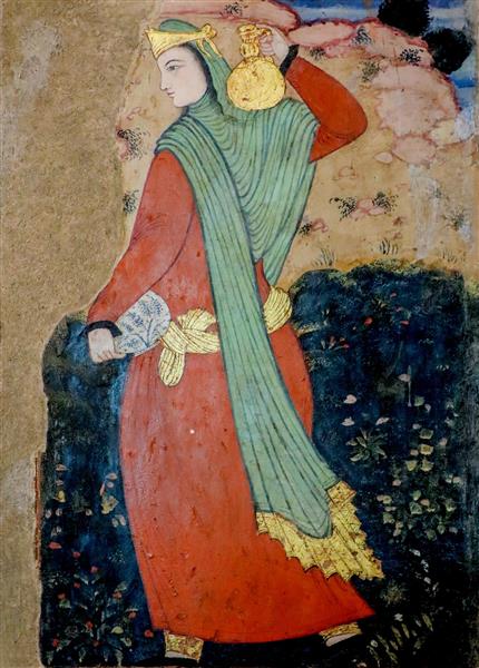 نقاشی پرتره زن با لباس قرمز و سبز و ظرف زرین در دست (مکتب اصفهان)